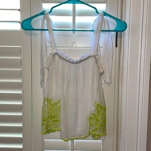 Free People White and Lime Embroidered Top